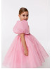 Puff Sleeves Organza Flower Girl Dress With Beaded Sash